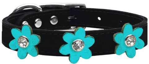 Metallic Flower Leather Collar Black With Metallic Turquoise Flowers Size 10