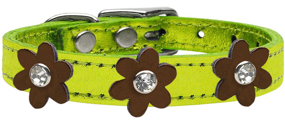 Metallic Flower Leather Collar Metallic Lime Green With Bronze Flowers Size 10