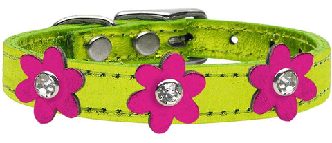 Metallic Flower Leather Collar Metallic Lime Green With Metallic Pink Flowers Size 10