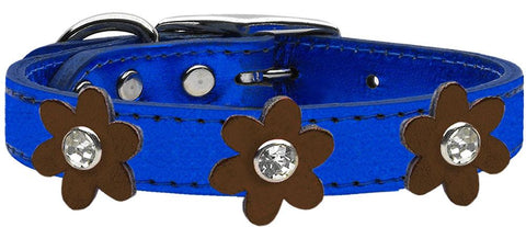 Metallic Flower Leather Collar Metallic Blue With Bronze Flowers Size 10