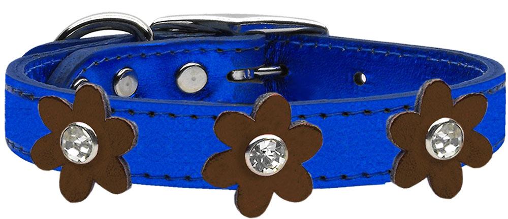 Metallic Flower Leather Collar Metallic Blue With Bronze Flowers Size 12