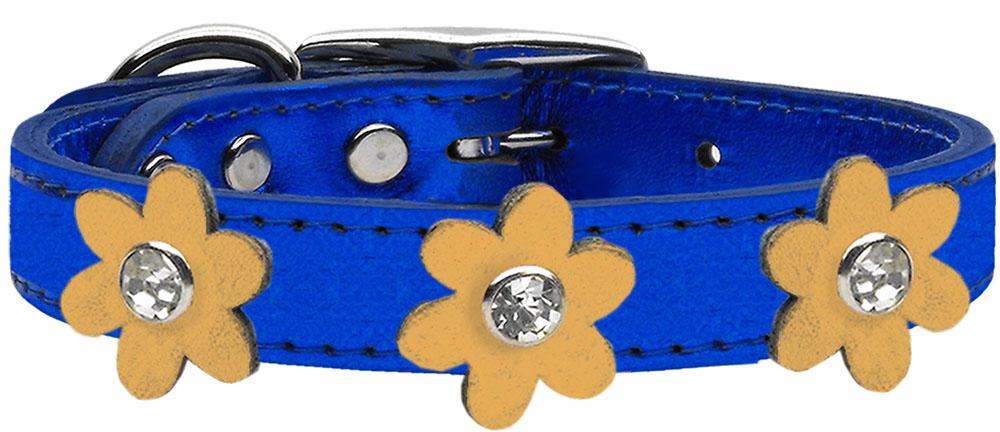 Metallic Flower Leather Collar Metallic Blue With Gold Flowers Size 12