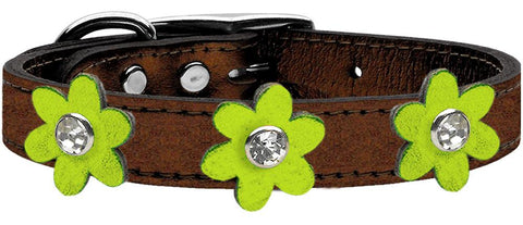 Metallic Flower Leather Collar Bronze With Metallic Lime Green Flowers Size 26