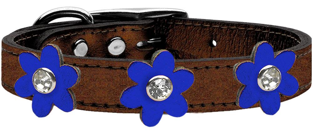 Metallic Flower Leather Collar Bronze With Metallic Blue Flowers Size 12