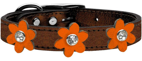 Metallic Flower Leather Collar Bronze With Metallic Orange Flowers Size 10