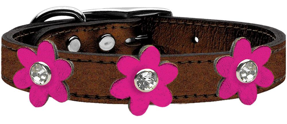 Metallic Flower Leather Collar Bronze With Metallic Pink Flowers Size 10