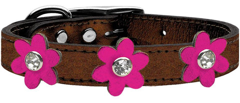 Metallic Flower Leather Collar Bronze With Metallic Pink Flowers Size 20