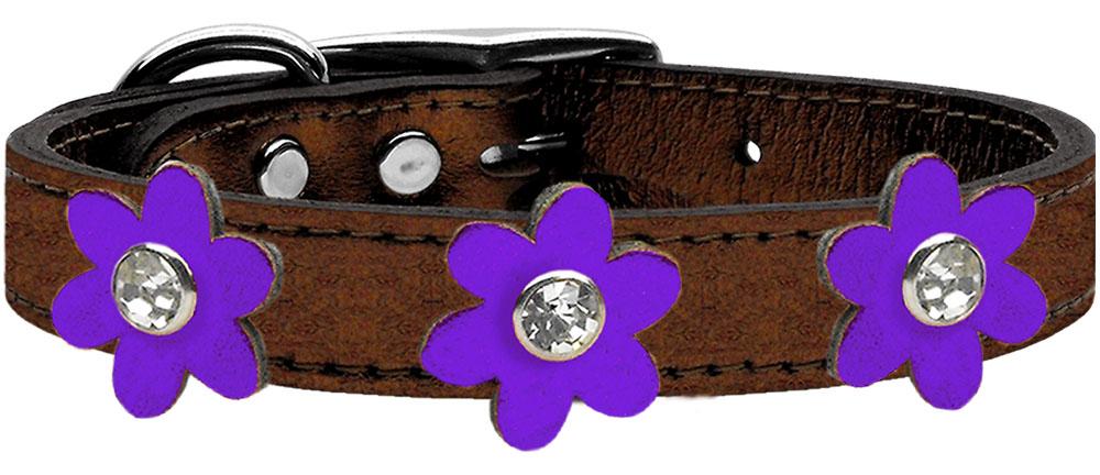 Metallic Flower Leather Collar Bronze With Metallic Purple Flowers Size 10