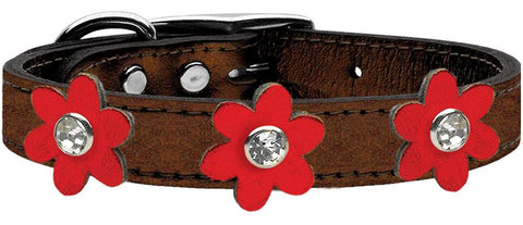 Metallic Flower Leather Collar Bronze With Metallic Red Flowers Size 10