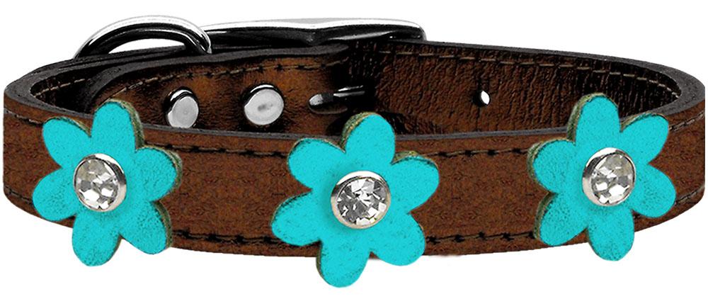 Metallic Flower Leather Collar Bronze With Metallic Turquoise Flowers Size 10