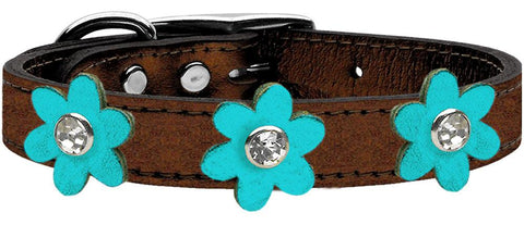 Metallic Flower Leather Collar Bronze With Metallic Turquoise Flowers Size 10