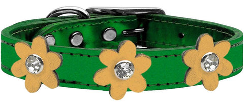 Metallic Flower Leather Collar Metallic Emerald Green With Gold Flowers Size 10