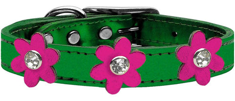 Metallic Flower Leather Collar Metallic Emerald Green With Metallic Pink Flowers Size 10