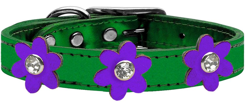 Metallic Flower Leather Collar Metallic Emerald Green With Metallic Purple Flowers Size 10