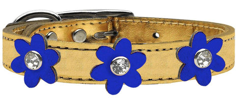 Metallic Flower Leather Collar Gold With Metallic Blue Flowers Size 10