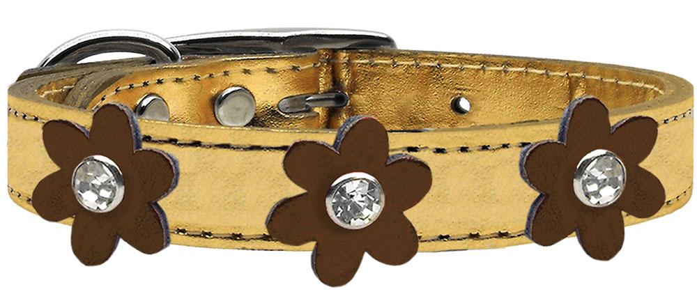 Metallic Flower Leather Collar Gold With Bronze Flowers Size 12