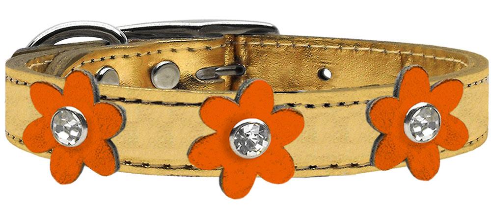 Metallic Flower Leather Collar Gold With Metallic Orange Flowers Size 10