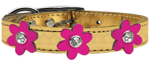 Metallic Flower Leather Collar Gold With Metallic Pink Flowers Size 14