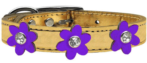 Metallic Flower Leather Collar Gold With Metallic Purple Flowers Size 10