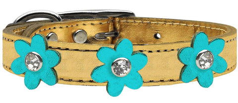 Metallic Flower Leather Collar Gold With Metallic Turquoise Flowers Size 10