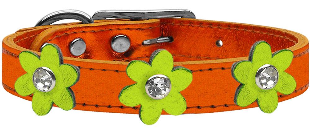 Metallic Flower Leather Collar Metallic Orange With Metallic Lime Green Flowers Size 12