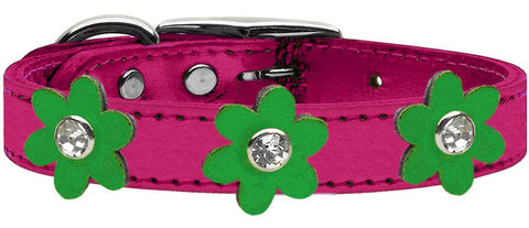 Metallic Flower Leather Collar Metallic Pink With Metallic Emerald Green Flowers Size 10