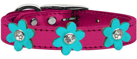 Metallic Flower Leather Collar Metallic Pink With Metallic Turquoise Flowers Size 10