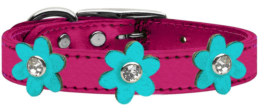 Metallic Flower Leather Collar Metallic Pink With Metallic Turquoise Flowers Size 14