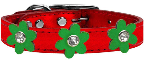 Metallic Flower Leather Collar Metallic Red With Metallic Emerald Green Flowers Size 10