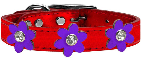 Metallic Flower Leather Collar Metallic Red With Metallic Purple Flowers Size 12