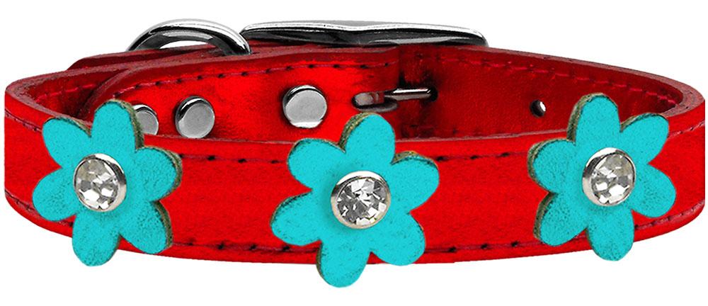 Metallic Flower Leather Collar Metallic Red With Metallic Turquoise Flowers Size 10