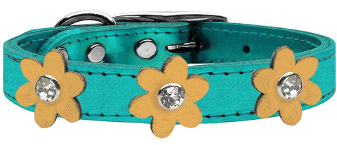 Metallic Flower Leather Collar Metallic Turquoise With Gold Flowers Size 10