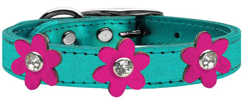 Metallic Flower Leather Collar Metallic Turquoise With Metallic Pink Flowers Size 10