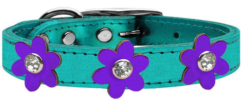 Metallic Flower Leather Collar Metallic Turquoise With Metallic Purple Flowers Size 10