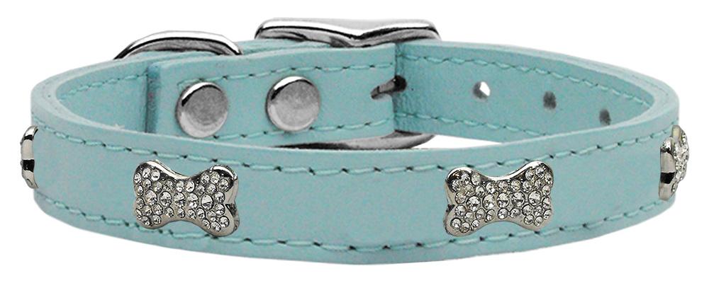 Crystal Bone Genuine Leather Dog Collar Baby Blue 10