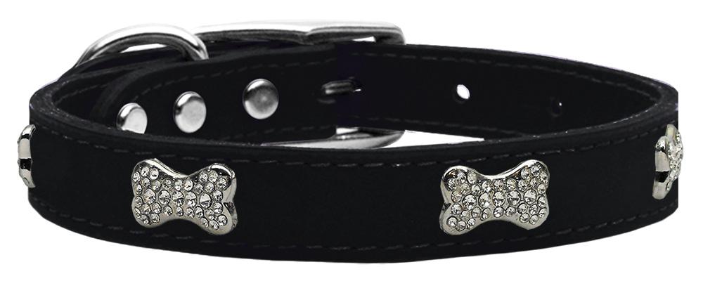 Crystal Bone Genuine Leather Dog Collar Black 10