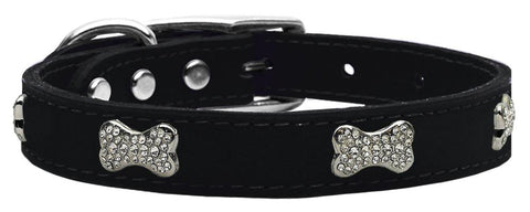 Crystal Bone Genuine Leather Dog Collar Black 12