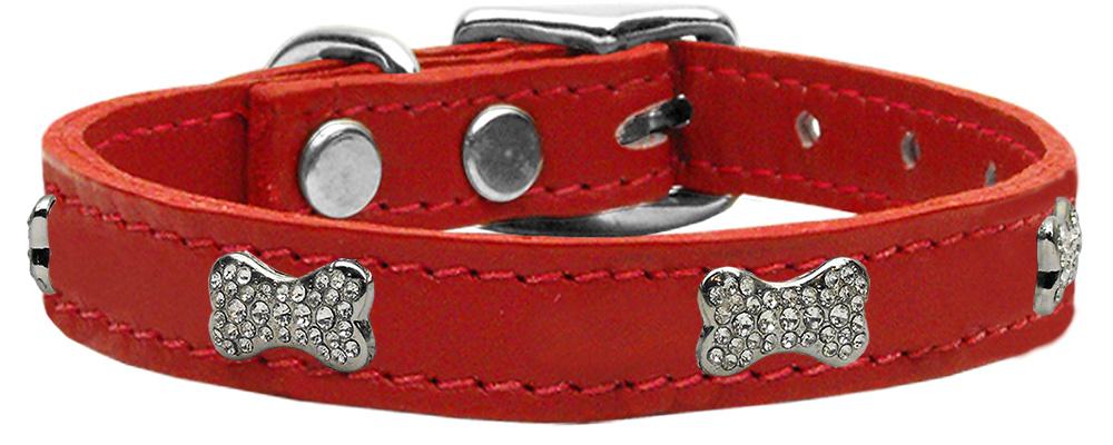 Crystal Bone Genuine Leather Dog Collar Red 10