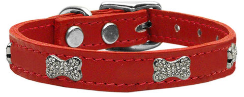 Crystal Bone Genuine Leather Dog Collar Red 12