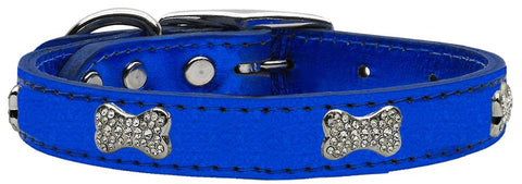 Crystal Bone Genuine Metallic Leather Dog Collar Blue 10