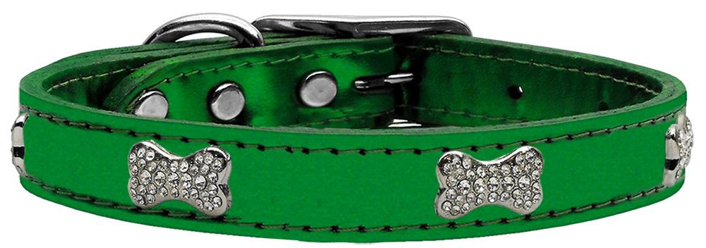 Crystal Bone Genuine Metallic Leather Dog Collar Emerald Green 10