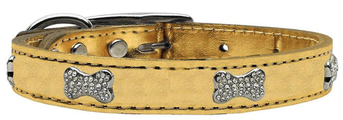 Crystal Bone Genuine Metallic Leather Dog Collar Gold 10