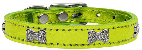 Crystal Bone Genuine Metallic Leather Dog Collar Lime Green 10