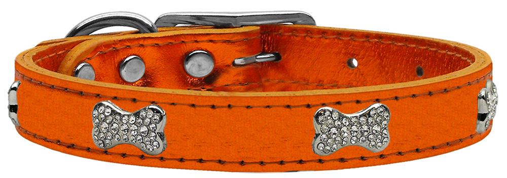 Crystal Bone Genuine Metallic Leather Dog Collar Orange 12