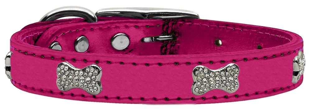 Crystal Bone Genuine Metallic Leather Dog Collar Pink 12