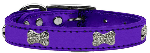 Crystal Bone Genuine Metallic Leather Dog Collar Purple 20