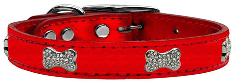 Crystal Bone Genuine Metallic Leather Dog Collar Red 10