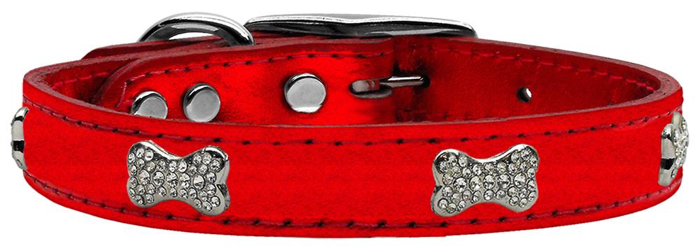 Crystal Bone Genuine Metallic Leather Dog Collar Red 18