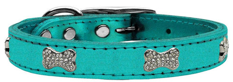 Crystal Bone Genuine Metallic Leather Dog Collar Turquoise 10