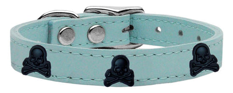 Skull Widget Genuine Leather Dog Collar Baby Blue 10